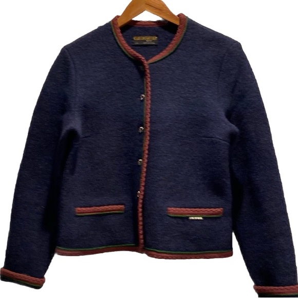 Geiger Tyrol Austria Boiled 100% Pure Wool Jacket  Cardigan Size 42 Accent Trim - Picture 1 of 6